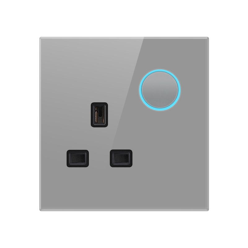 Tempered Glass Socket-B-1 UK Socket With Switch With Indicator Light-Grey